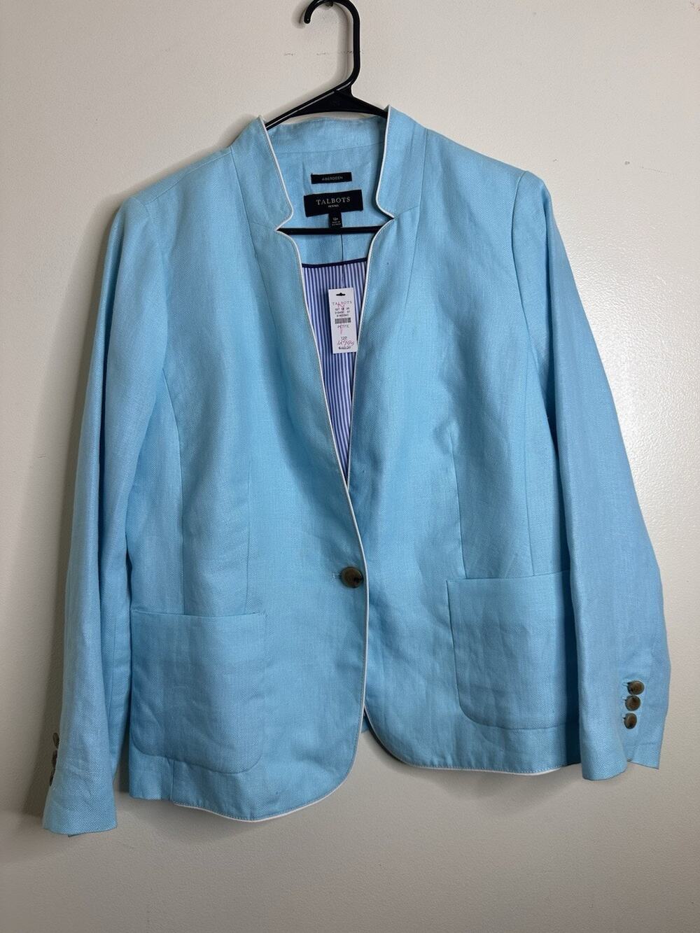 Talbots NEW Aberdeen Linen Aqua Blue Womens 12P Stand Collar Lined Blazer Jacket